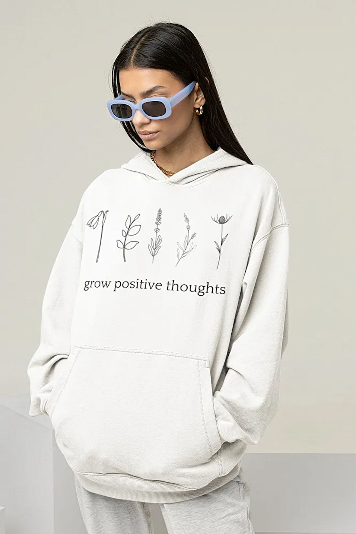 Grow Positive Thoughts Baskılı Unisex Oversize Hoodie