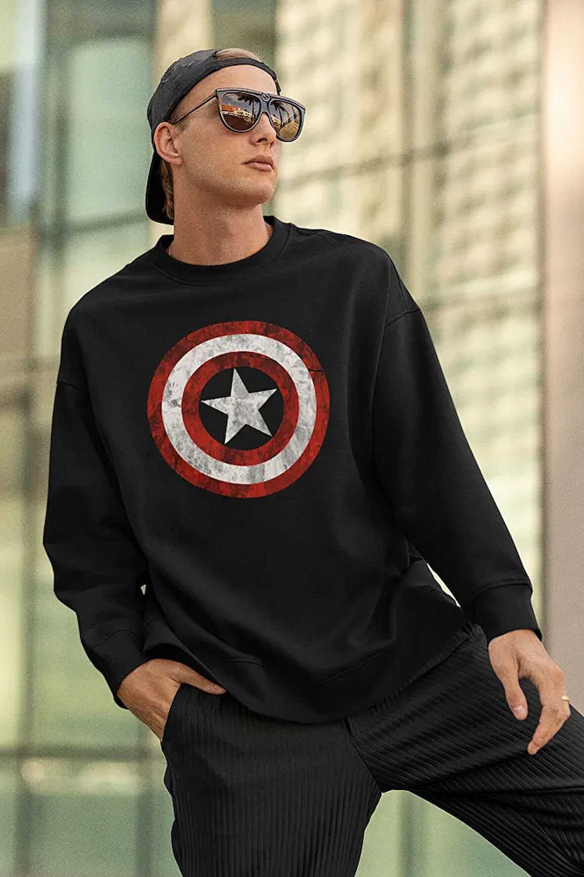 Captain America Logo Baskılı Unisex Oversize Kaptan Amerika Sweatshirt