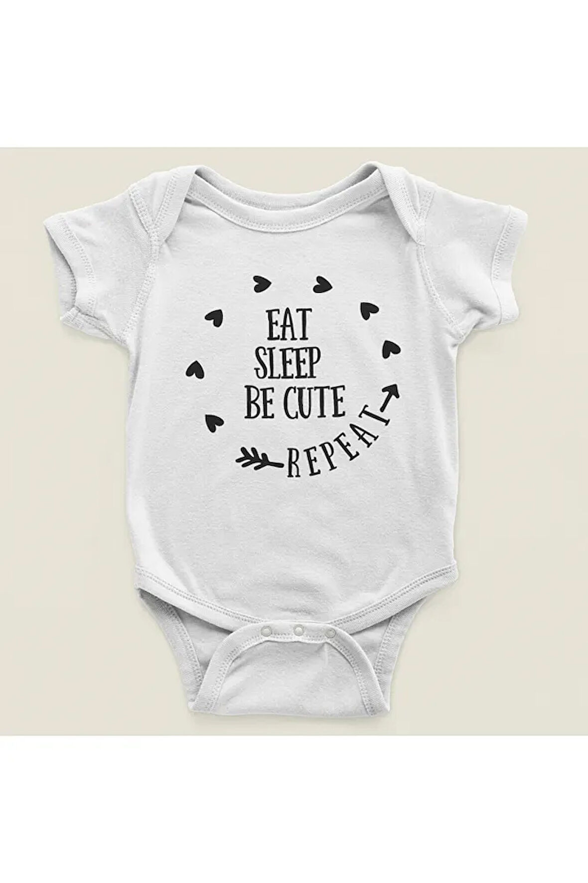 Yemek Ye, Uyu, Sevimli Ol, Tekrar Et Yazılı Pamuklu Yumuşak Unisex Çıtçıtlı Body Zıbın