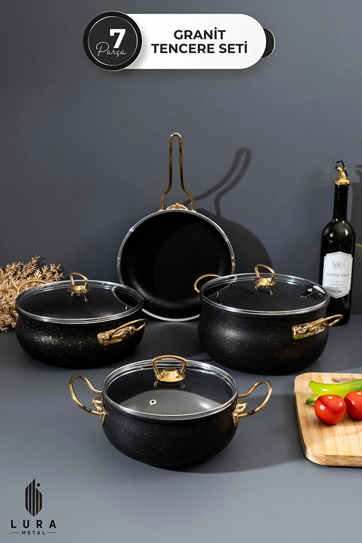 7 Parça Siyah Granit Gold Kulp Tencere Seti – Gold Metal Kulplu, 24 cm