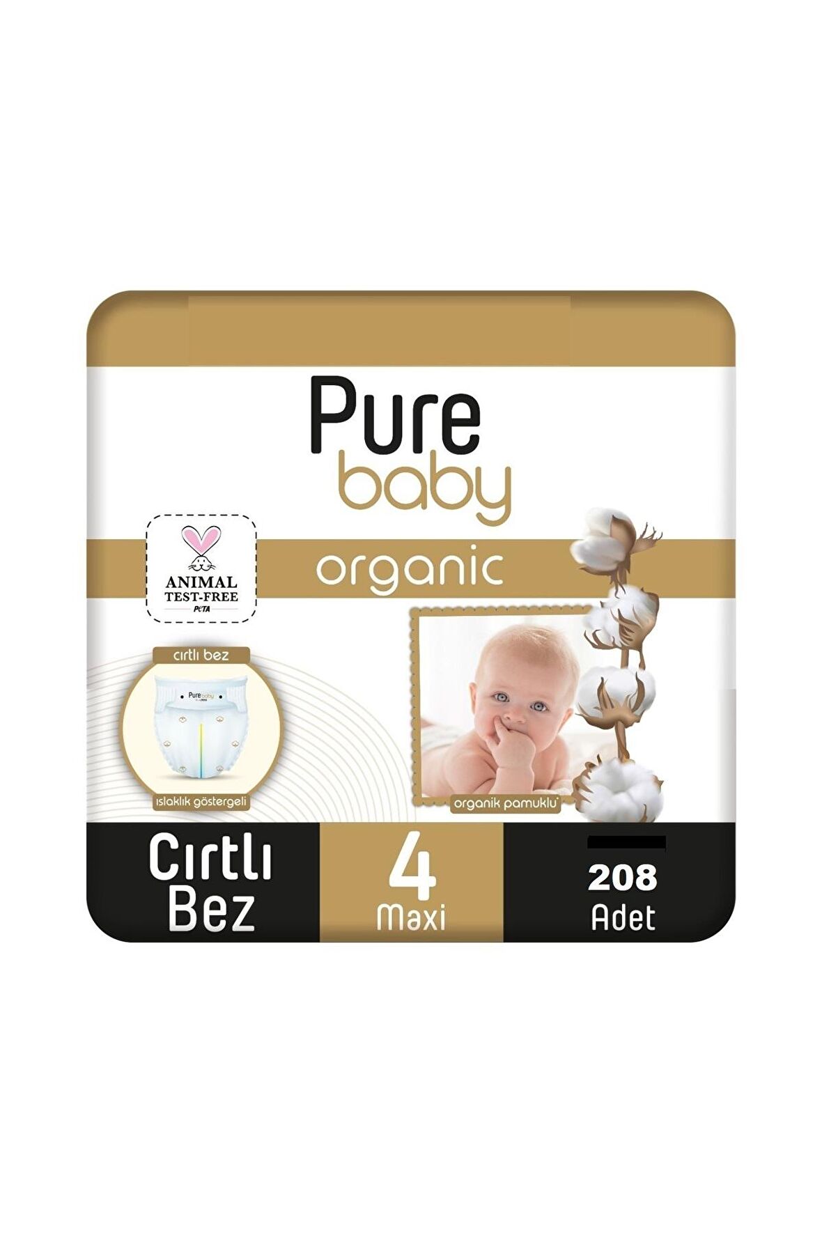 Pure Baby Organic 4 Numara Maxi 208'li Cırtlı Bez