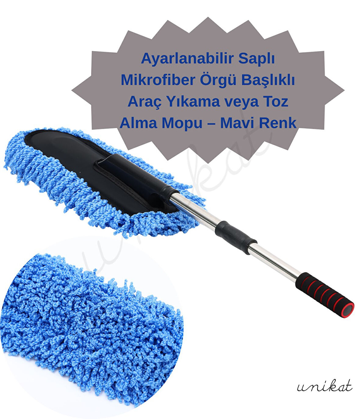 Mikrofiber Örgü Başlıklı Araç Yıkama ve Toz Alma Mopu – Mavi Renk