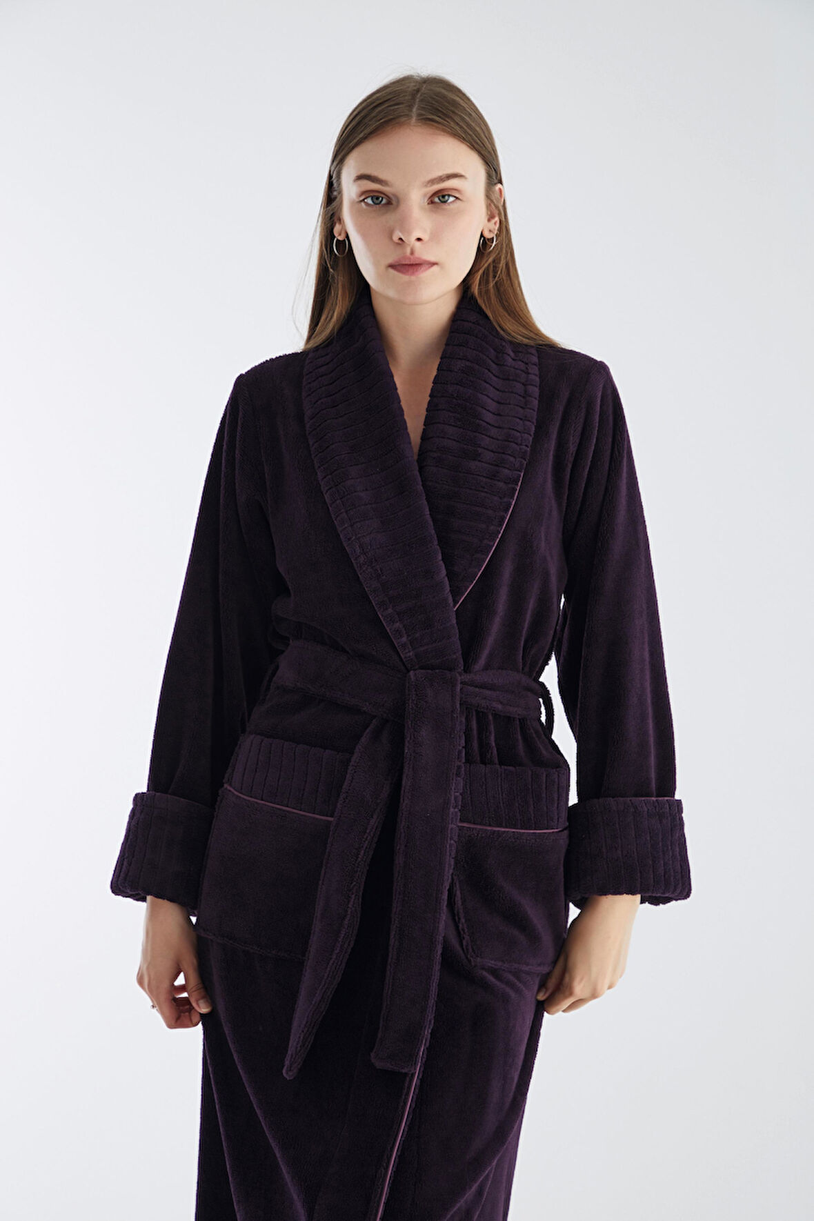 Yaka Fitilli Triga Bambu Cotton Kadın Bornozu 