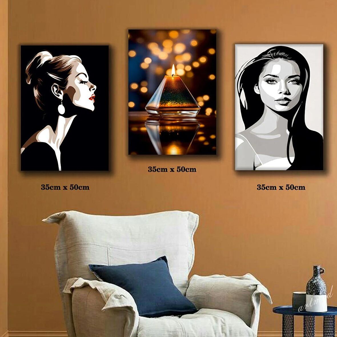 kadın fotoğrafı gece yanan mum tablosu 3 adet 35cmx50cm kumaş baskılı canvas tablo