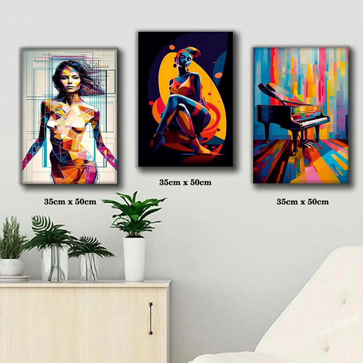 renkli art piano kadın tablosu 3 adet 35cmx50cm kumaş baskılı canvas tablo