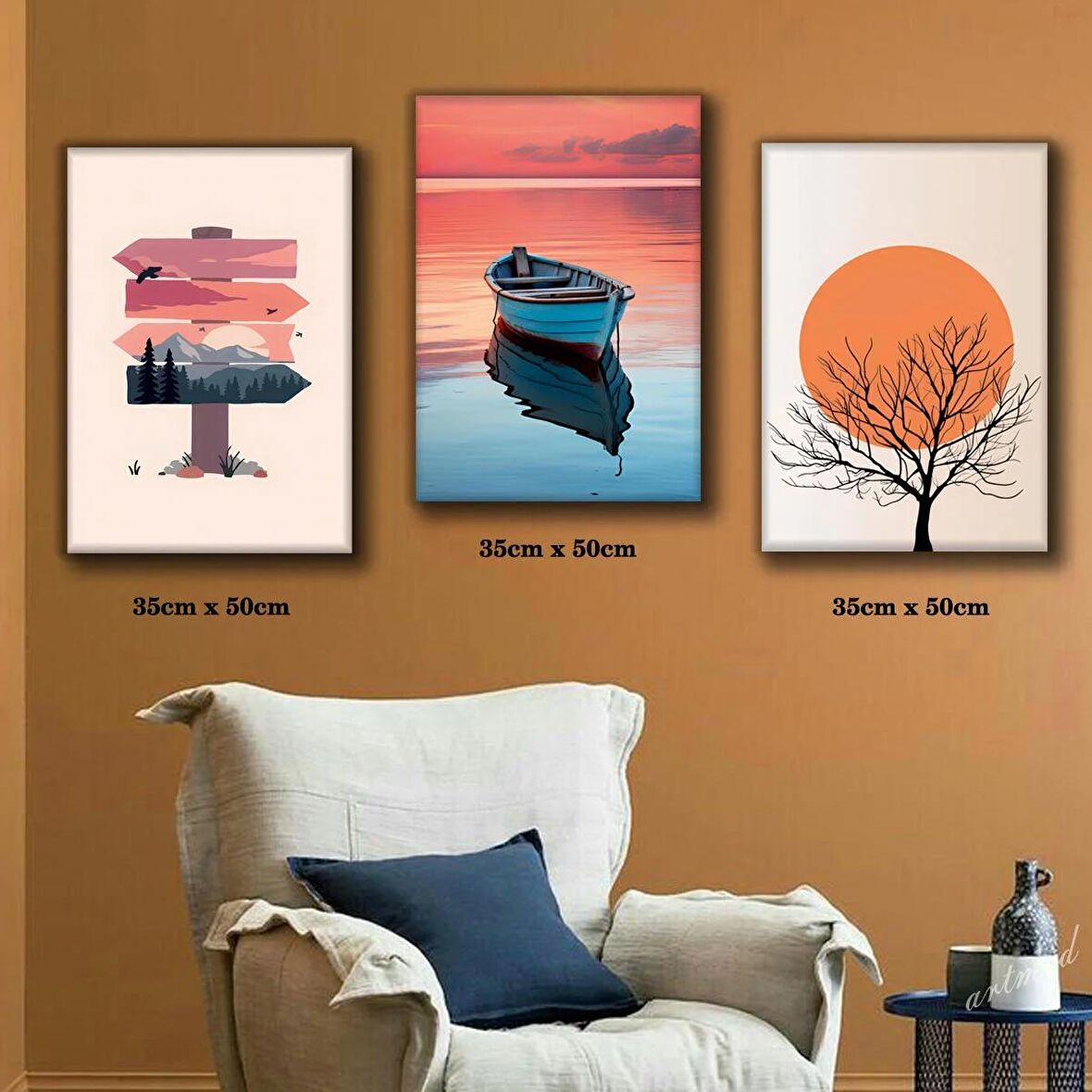 Doğa manzara deniz tekne tabela yön tablosu 3 adet 35cmx50cm kumaş baskılı canvas tablo