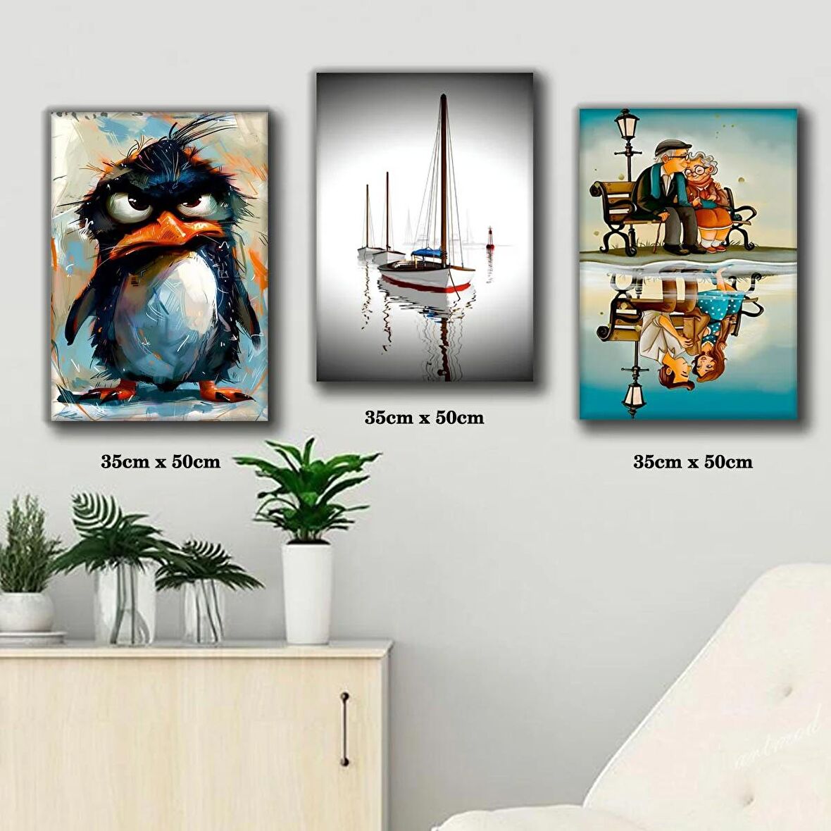 yaşlı sevimli ihtiyar çift deniz tekne tablosu 3 adet 35cmx50cm kumaş baskılı canvas tablo