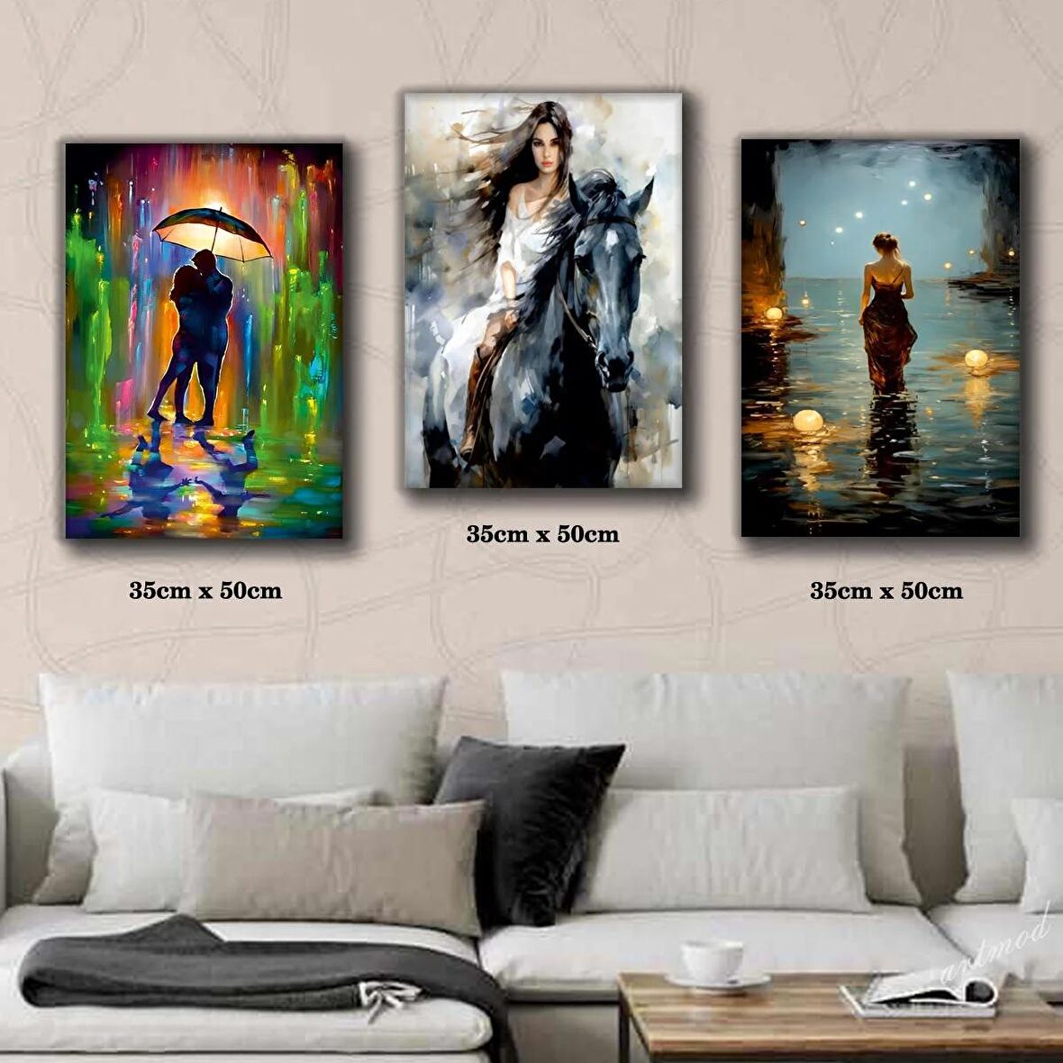 yağmur sevgili aşık çift at üzerinde kadın tablosu 3 adet 35cmx50cm kumaş baskılı canvas tablo