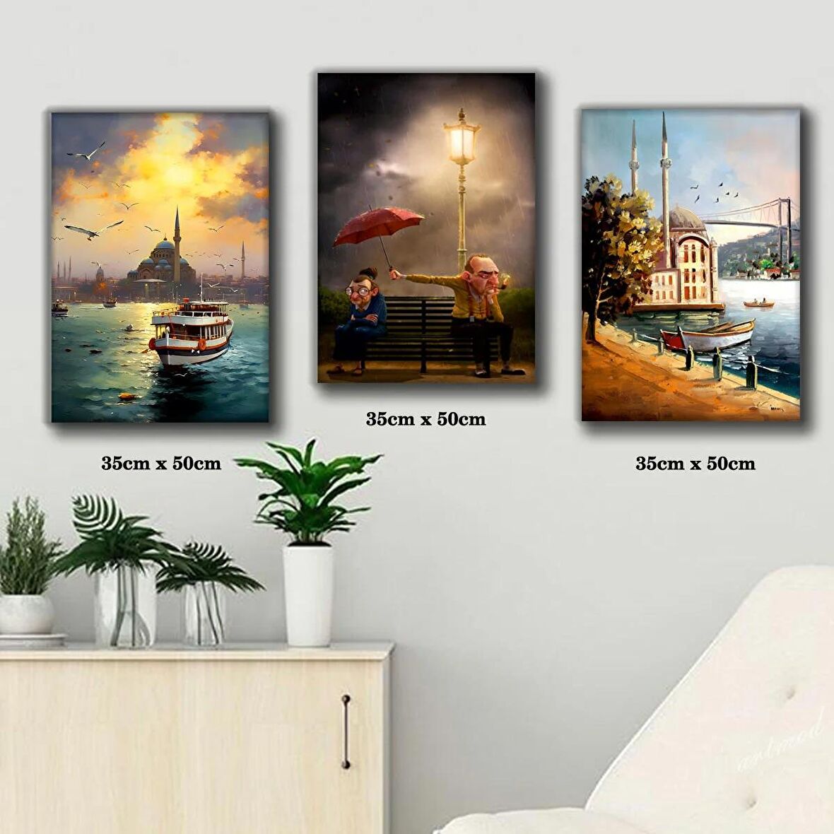 istanbul ortaköy cami yaşlı çift tablosu 3 adet 35cmx50cm kumaş baskılı canvas tablo