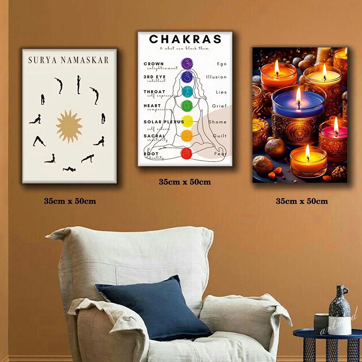 yoga çakra renkli mum tablosu 3 adet 35cmx50cm kumaş baskılı canvas tablo