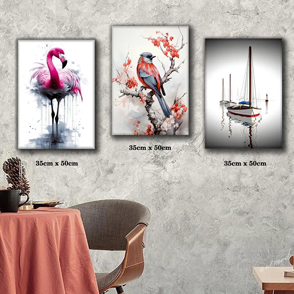 pembe kuğu daldaki kuş denizdeki tekne tablosu 3 adet 35cmx50cm kumaş baskılı canvas tablo