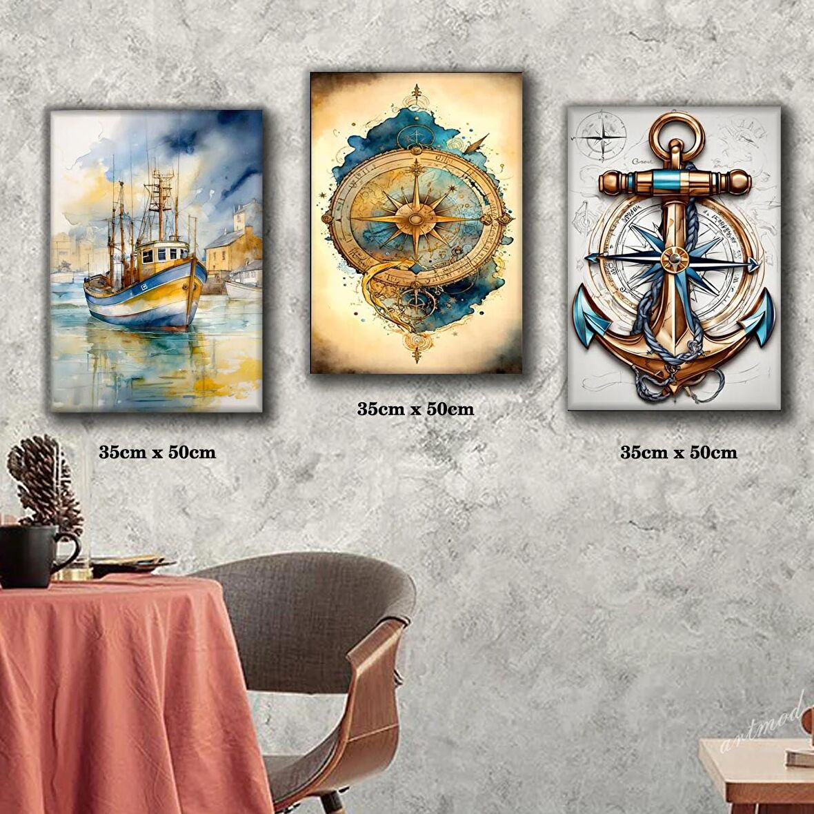 tekne dümen gemici rota çapa tablosu 3 adet 35cmx50cm kumaş baskılı canvas tablo