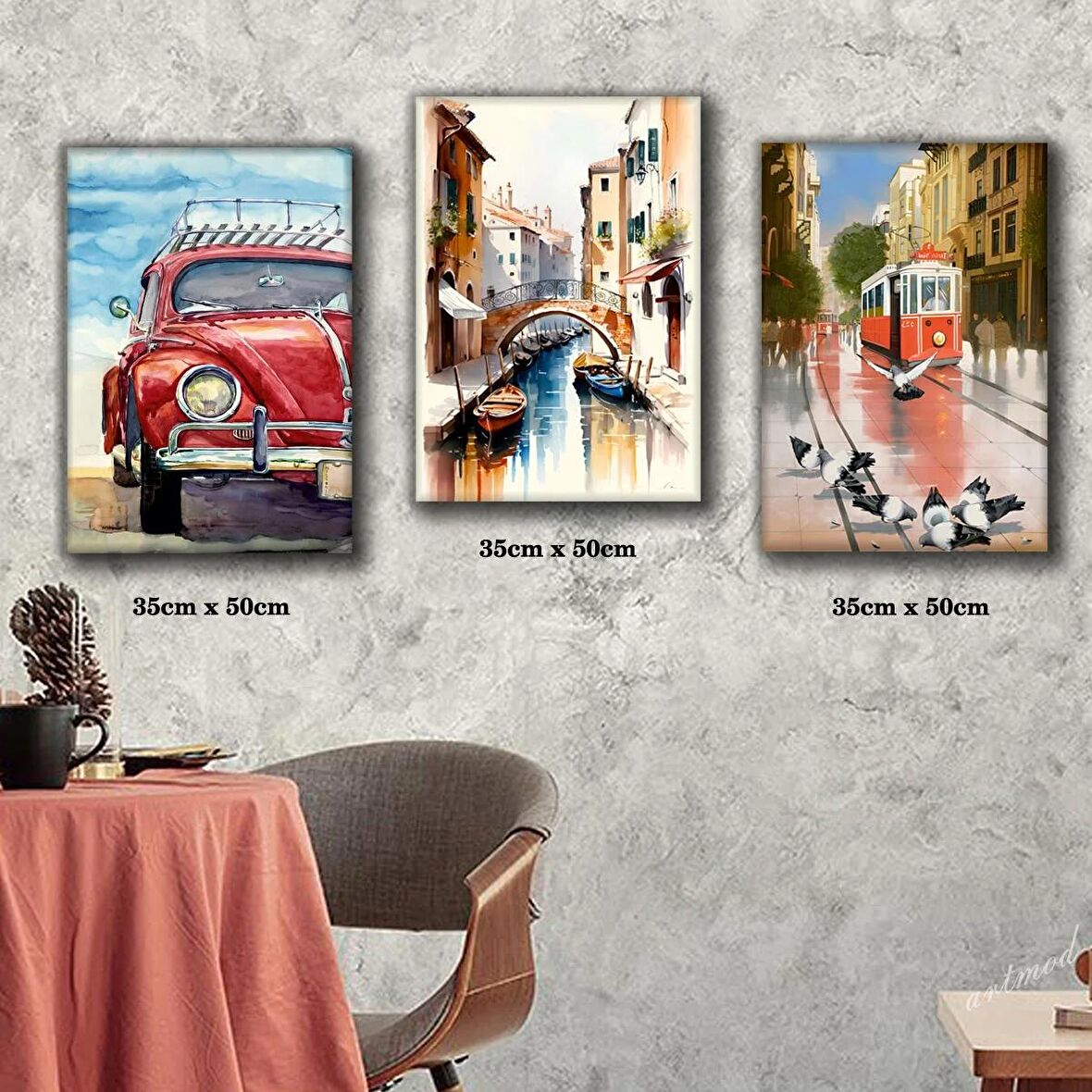 vosvos tosba tranvay köprülü geçit tablosu 3 adet 35cmx50cm kumaş baskılı canvas tablo
