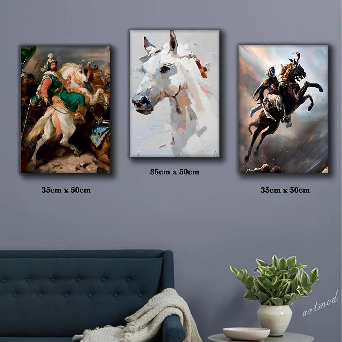 şahlanan at tablosu 3 adet 35cmx50cm kumaş baskılı canvas tablo