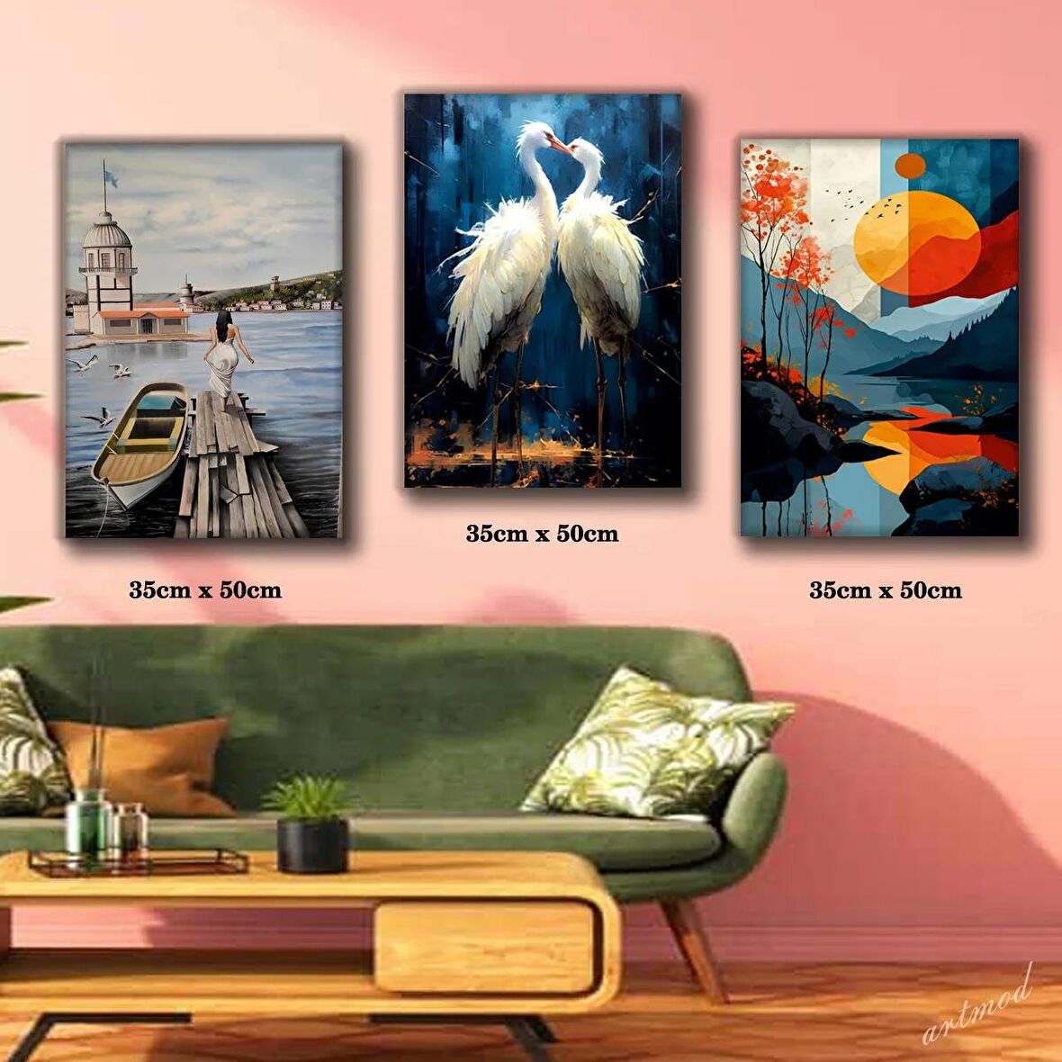 kız kulesi kadın kuğu doğa manzara resimleri 3 adet 35cmx50cm kumaş baskılı canvas tablo
