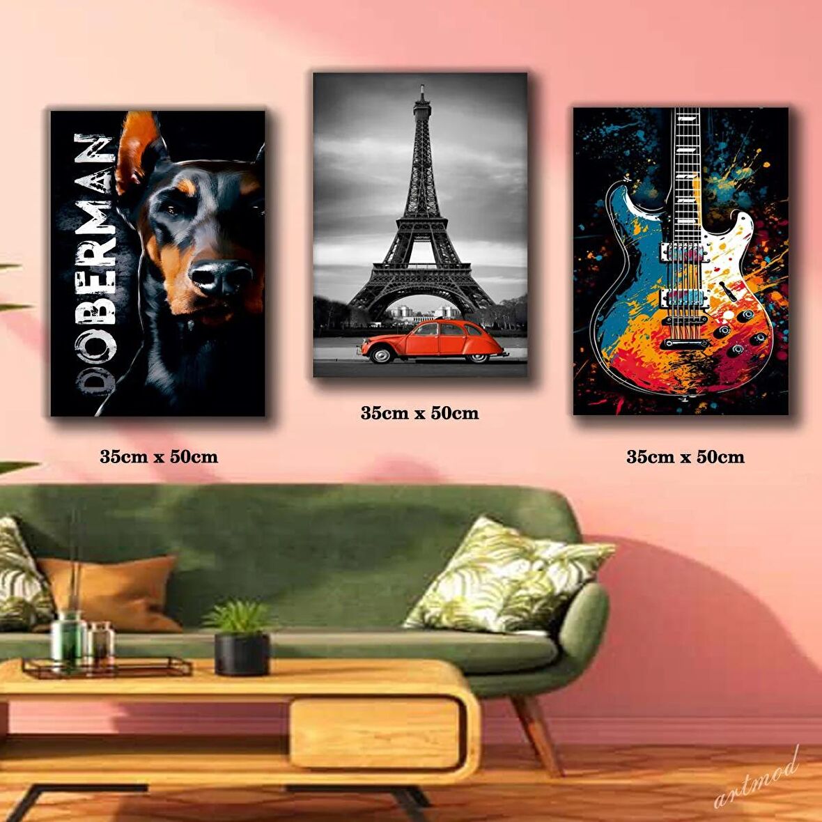 döberman eyfel kulesi salıncaktaki sarışın kadın tablosu 3 adet 35cmx50cm kumaş baskılı canvas tablo
