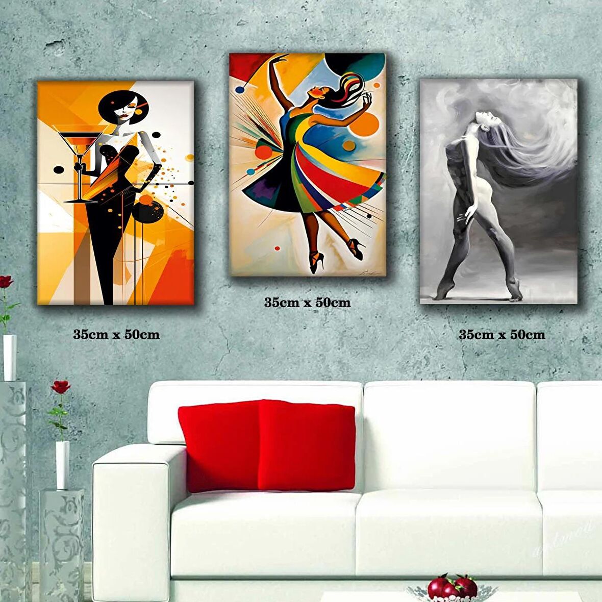 dans eden uzun saçlı kadın tablosu 3 adet 35cmx50cm kumaş baskılı canvas tablo