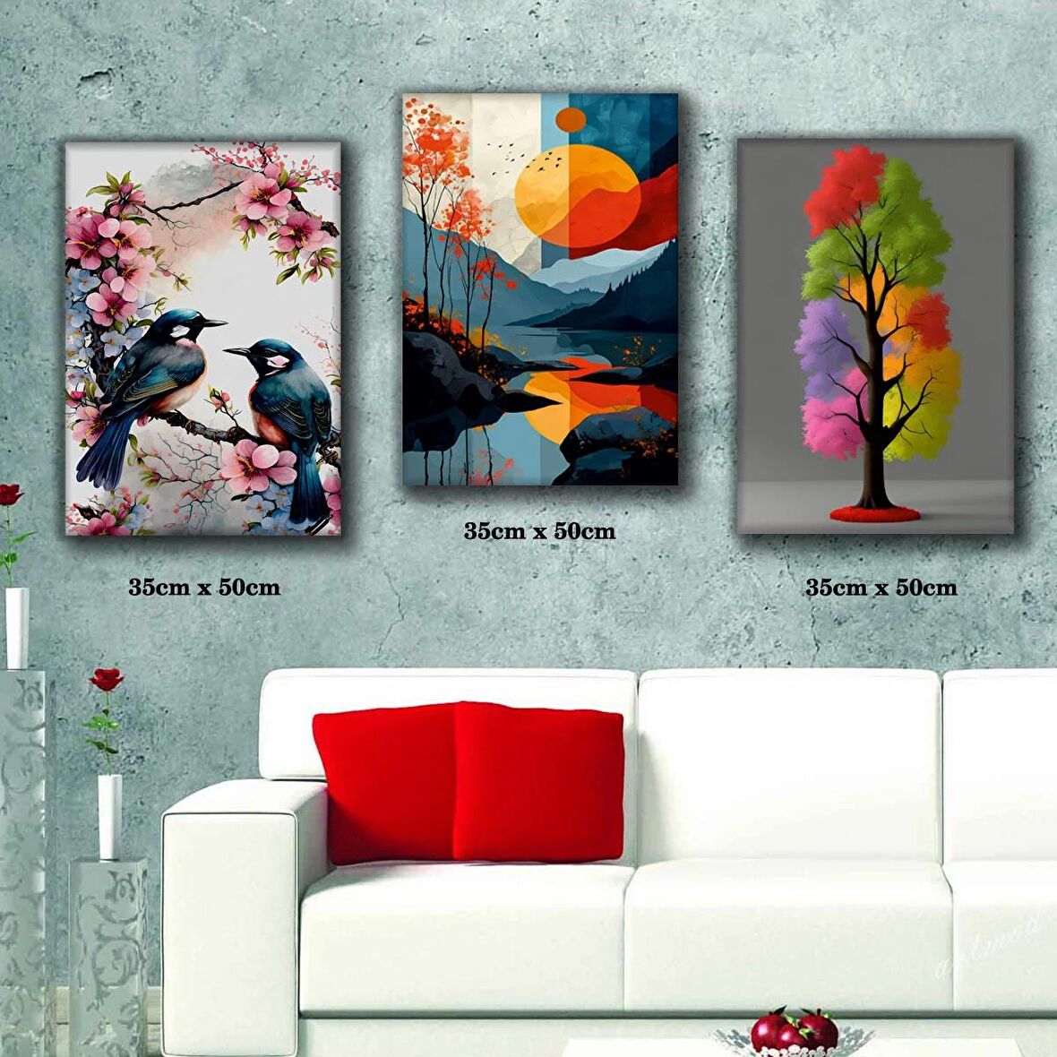 doğa manzarası ağaçtaki kuşlar renkli çiçek 3 adet 35cmx50cm kumaş baskılı canvas tablo