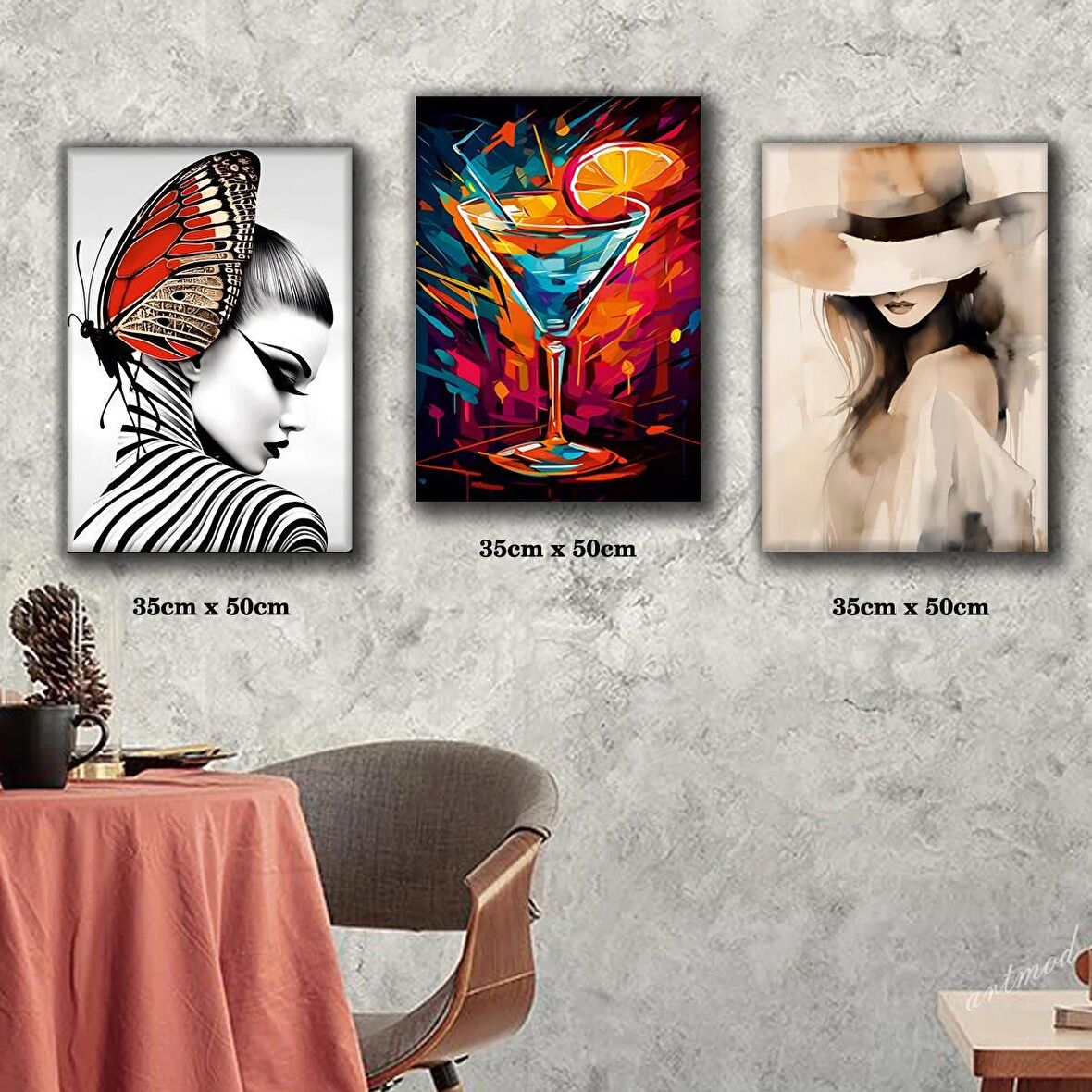 japon kelebek taçlı kadın kadeh tablosu 3 adet 35cmx50cm kumaş baskılı canvas tablo