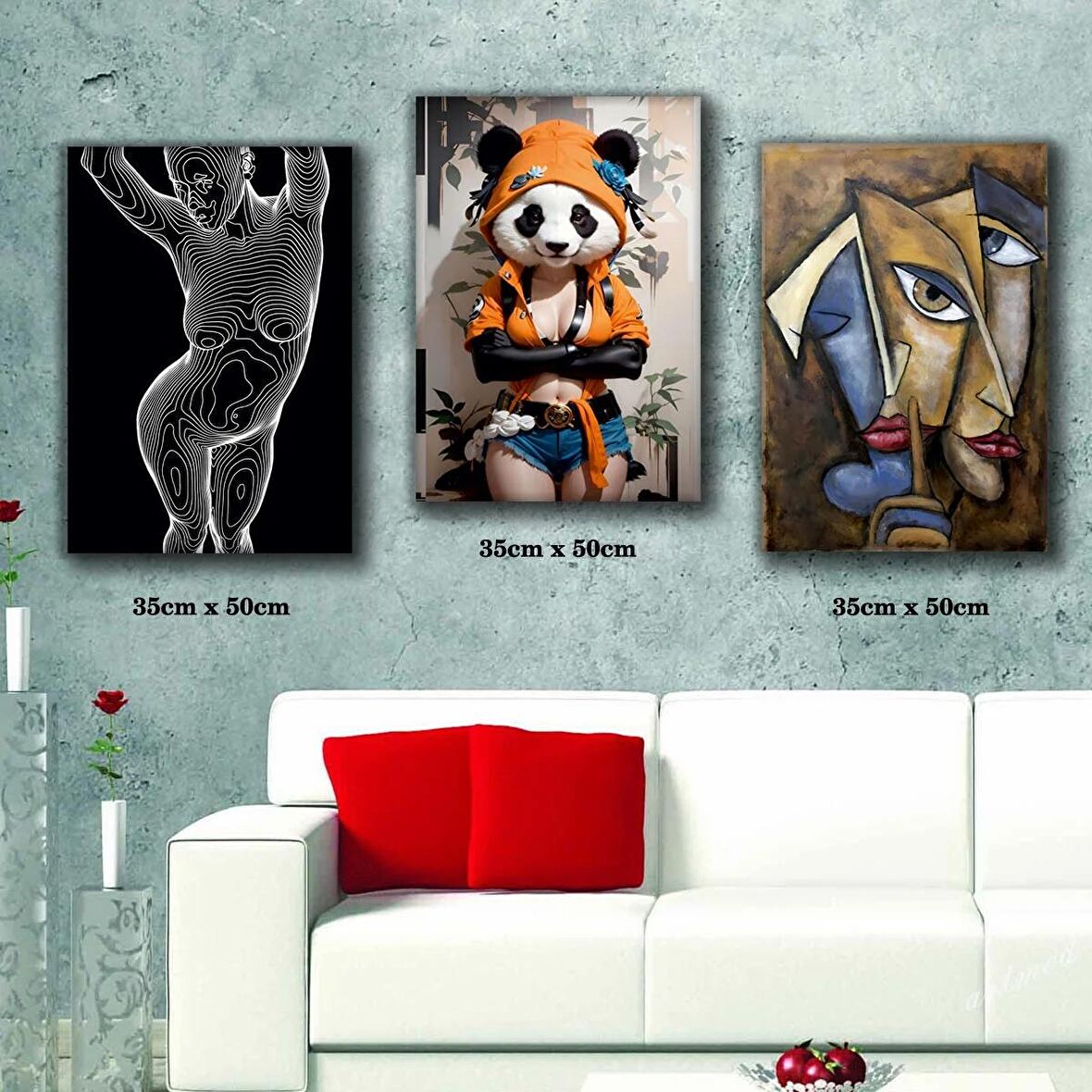 panda kadın art tablo 3 adet 35cmx50cm kumaş baskılı canvas tablo