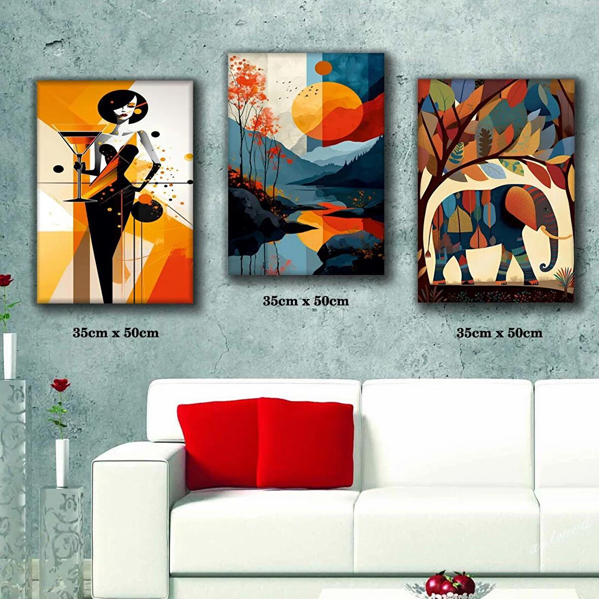 renkli ağaç fil kadın gün batımı tablosu 3 adet 35cmx50cm kumaş baskılı canvas tablo