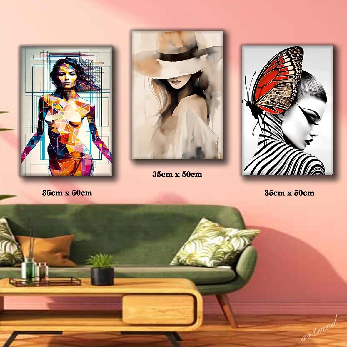 şapkalı kadın artist pozlu kadın tablosu 3 adet 35cmx50cm kumaş baskılı canvas tablo