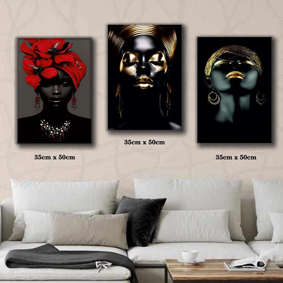 siyahi kadın artistlik silüet surat tablosu 3 adet 35cmx50cm kumaş baskılı canvas tablo