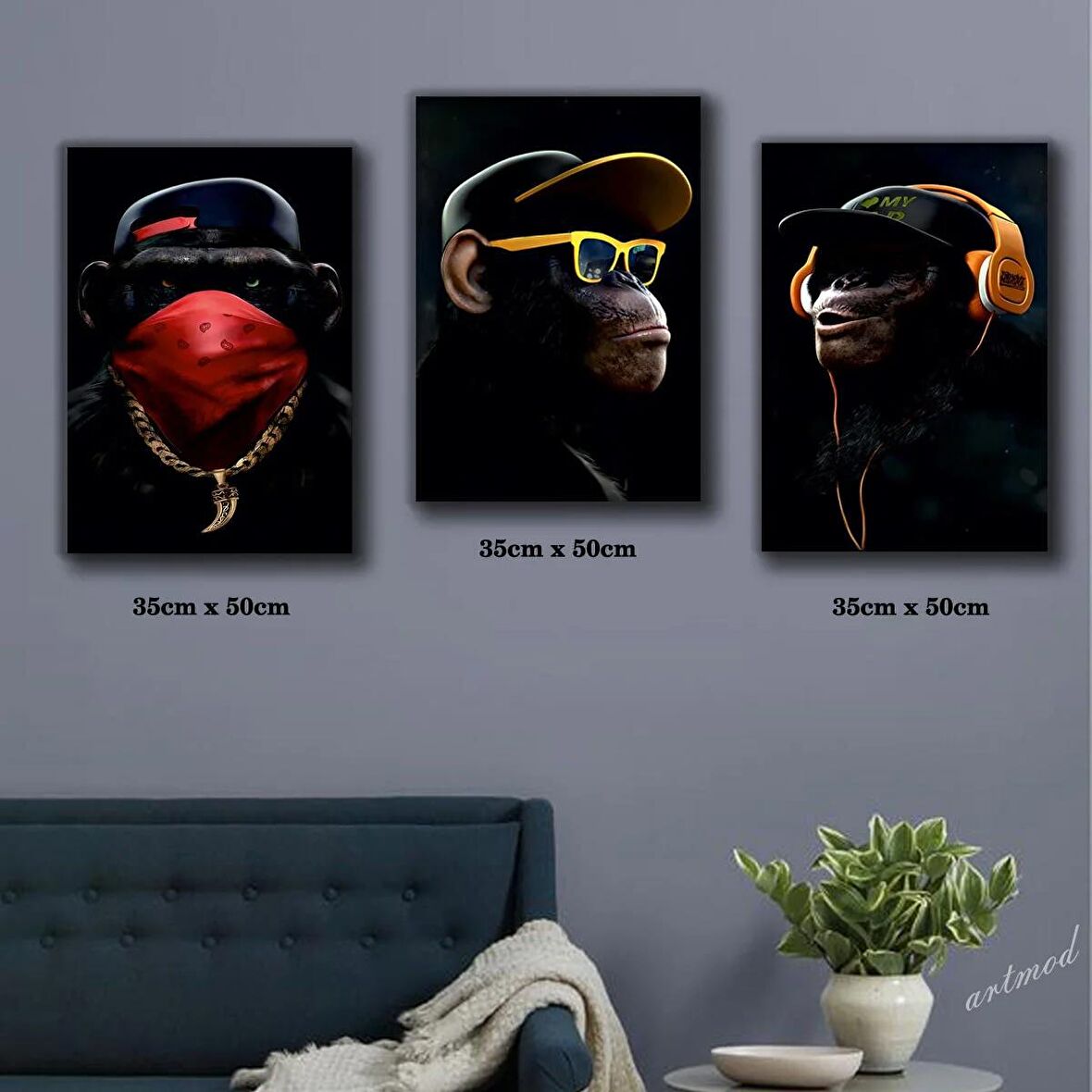 müzik dinleyen kulaklıklı şapkalı maymunlar tablosu 3 adet 35cmx50cm kumaş baskılı canvas tablo