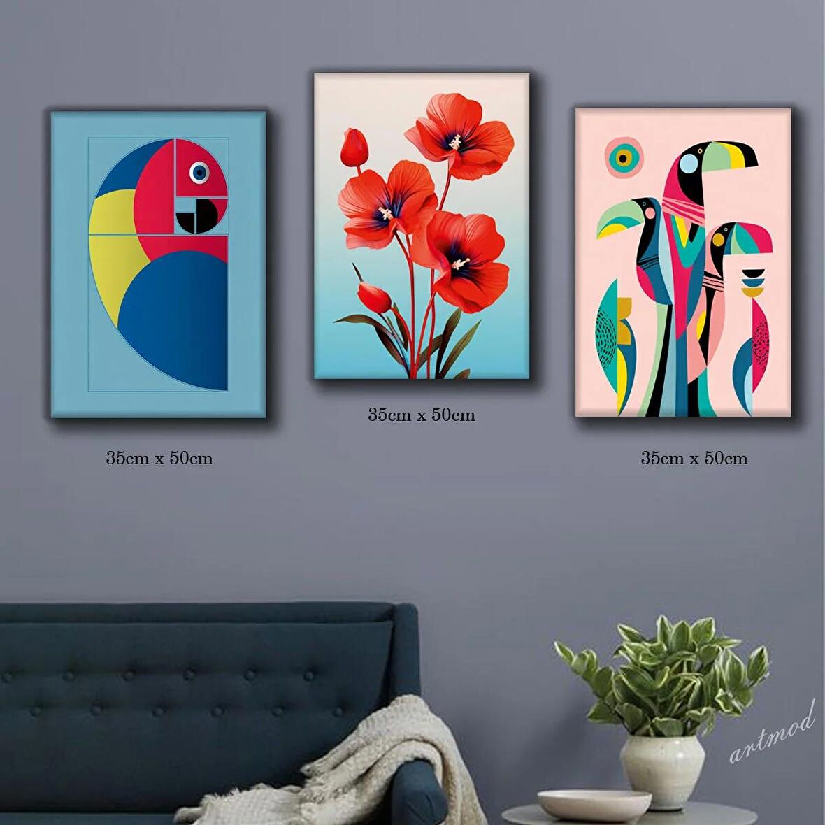renkli çiçek papağan hayvanlar tablosu 3 adet 35cmx50cm kumaş baskılı canvas tablo