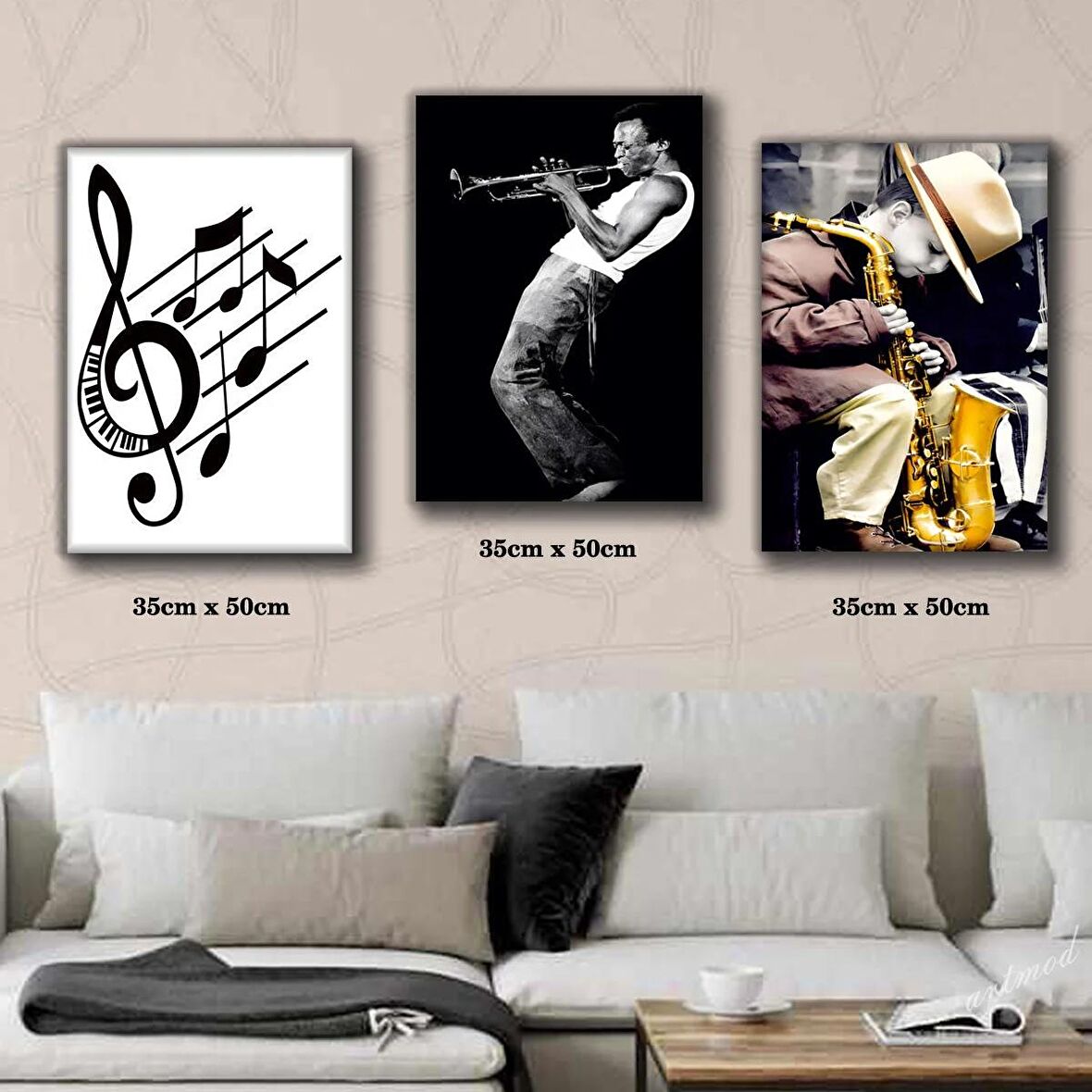 müzik notaları saksafon çalan adam tablosu 3 adet 35cmx50cm kumaş baskılı canvas tablo