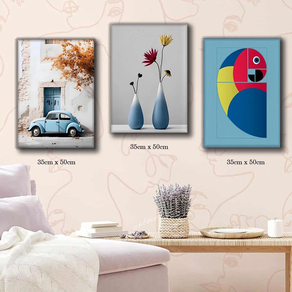saksı renkli papağan bodrum sokakları saksı çiçek tablosu 3 adet 35cmx50cm kumaş baskılı canvas tablo