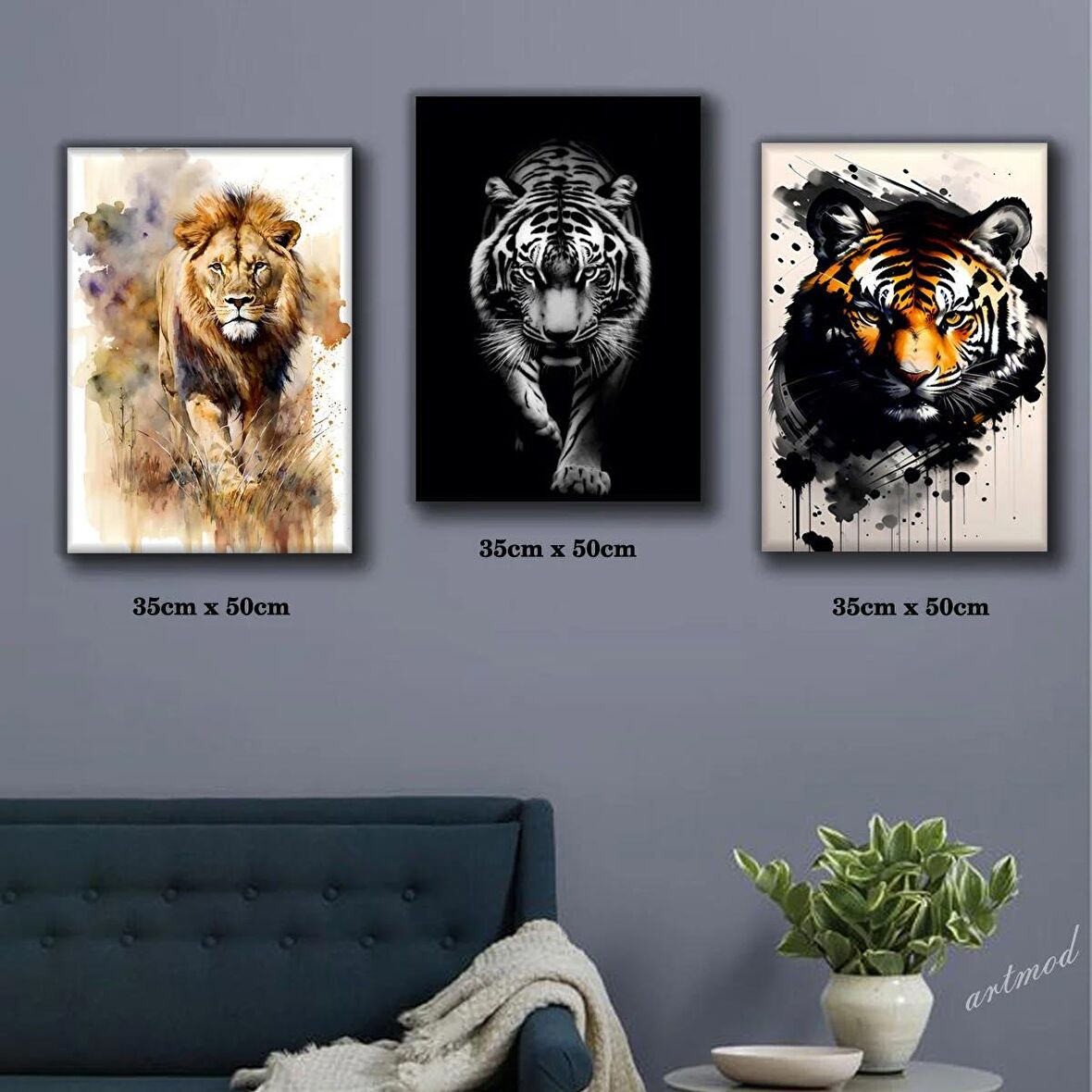 aslan kaplan İLLÜSTRASYON sanatsal tablo 3 adet 35cmx50cm kumaş baskılı canvas tablo