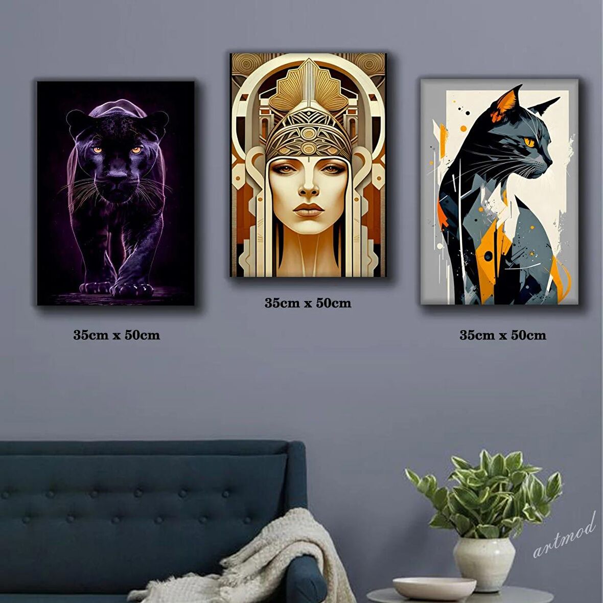 kleopatra kedi siyah panter tablosu 3 adet 35cmx50cm kumaş baskılı canvas tablo