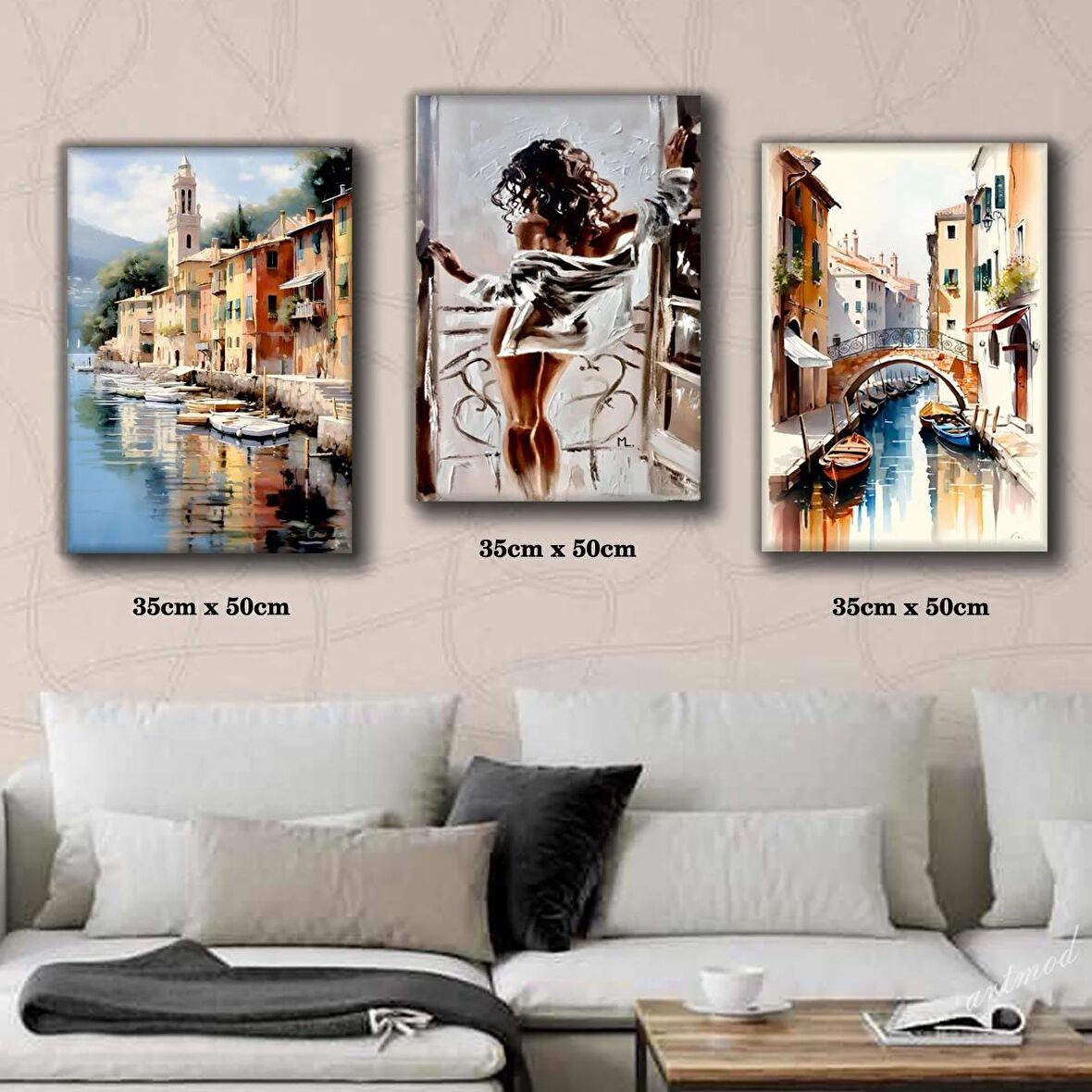 tekne köprü deniz manzaralı kadın tablosu 3 adet 35cmx50cm kumaş baskılı canvas tablo