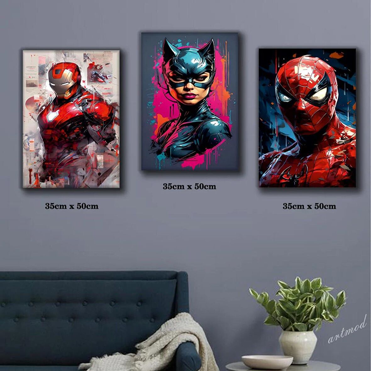 süper kahraman koruyucu film karekterleri tablosu 3 adet 35cmx50cm kumaş baskılı canvas tablo