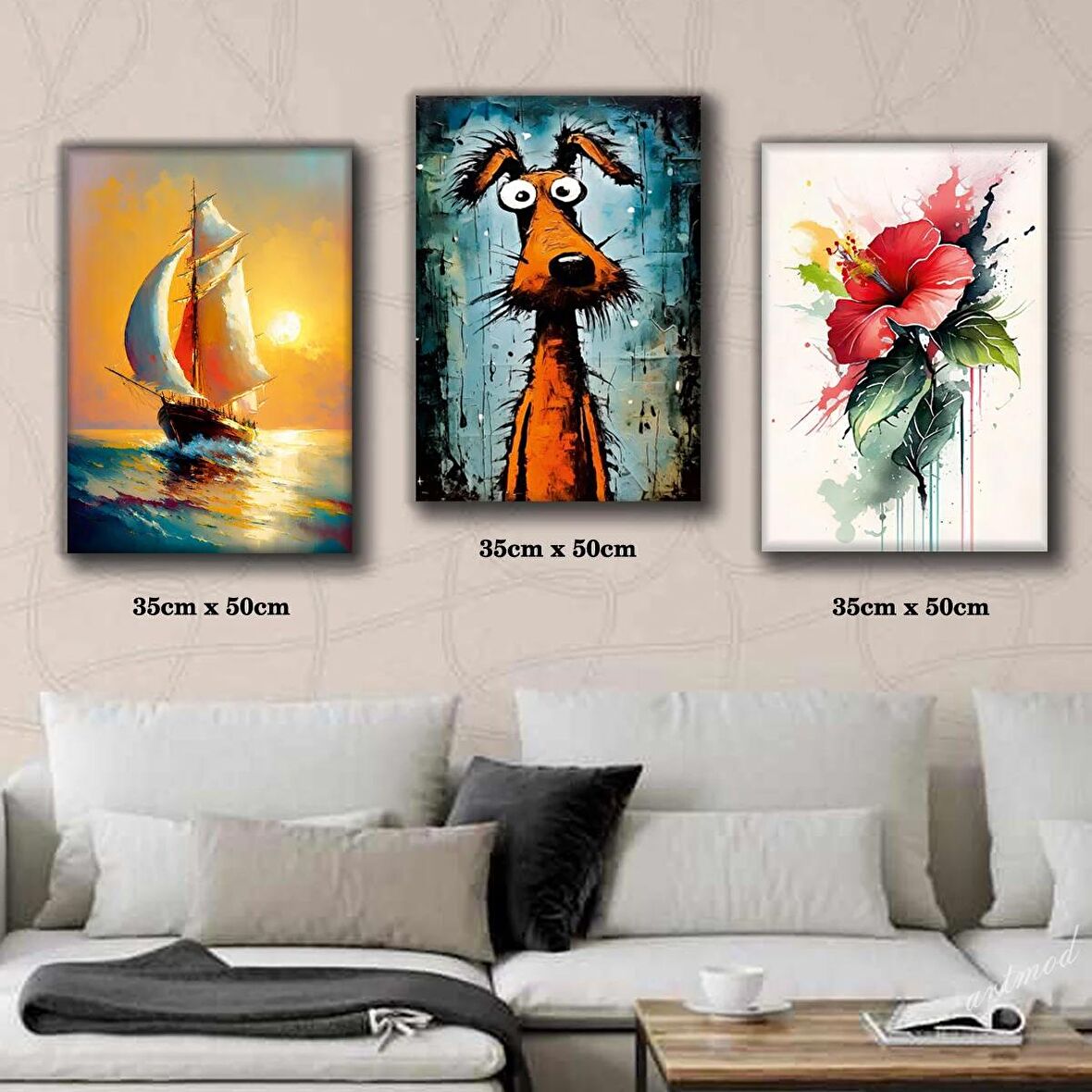 yelkenli gün batımı şaşkın sevimli köpek renkli çiçek tablosu 3 adet 35cmx50cm kumaş baskılı canvas tablo