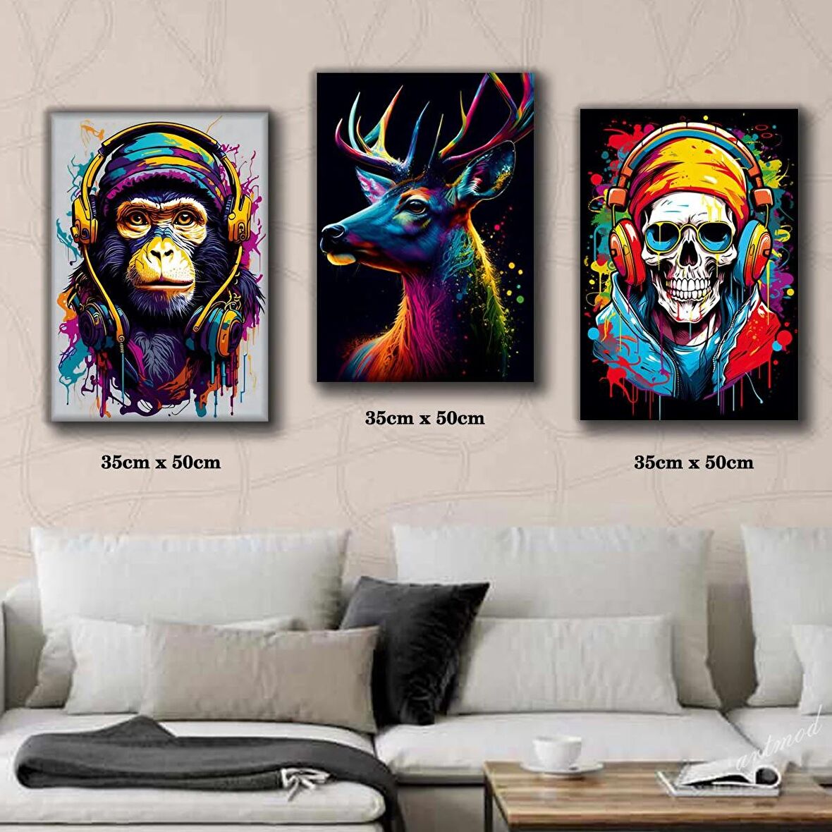 dj kulaklıklı maymun iskelet renkli geyik tablosu 3 adet 35cmx50cm kumaş baskılı canvas tablo
