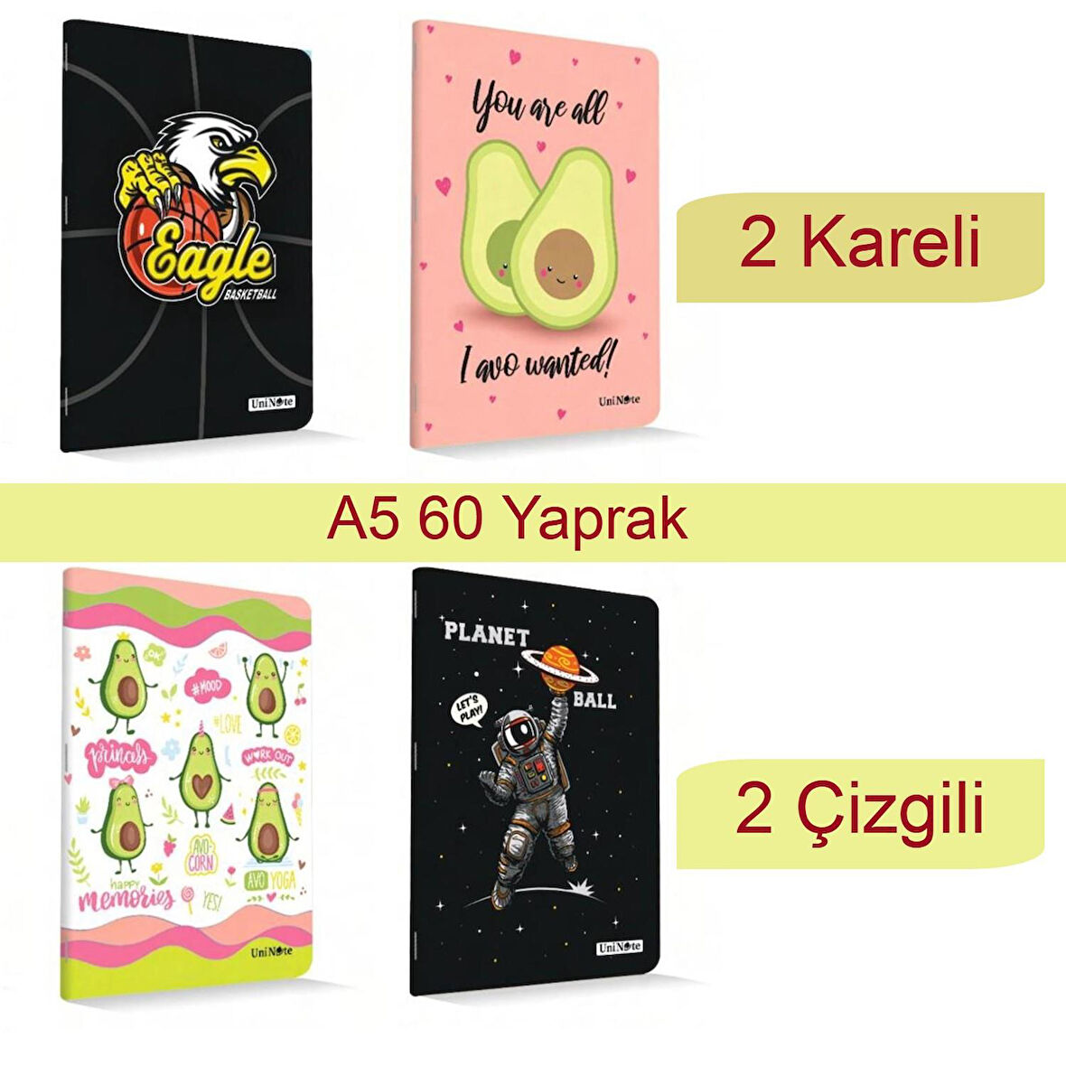 Çınar Uninote A5 60 Yaprak Karton Kapak Dikişli Defter 2 Çizgili 2 Kareli