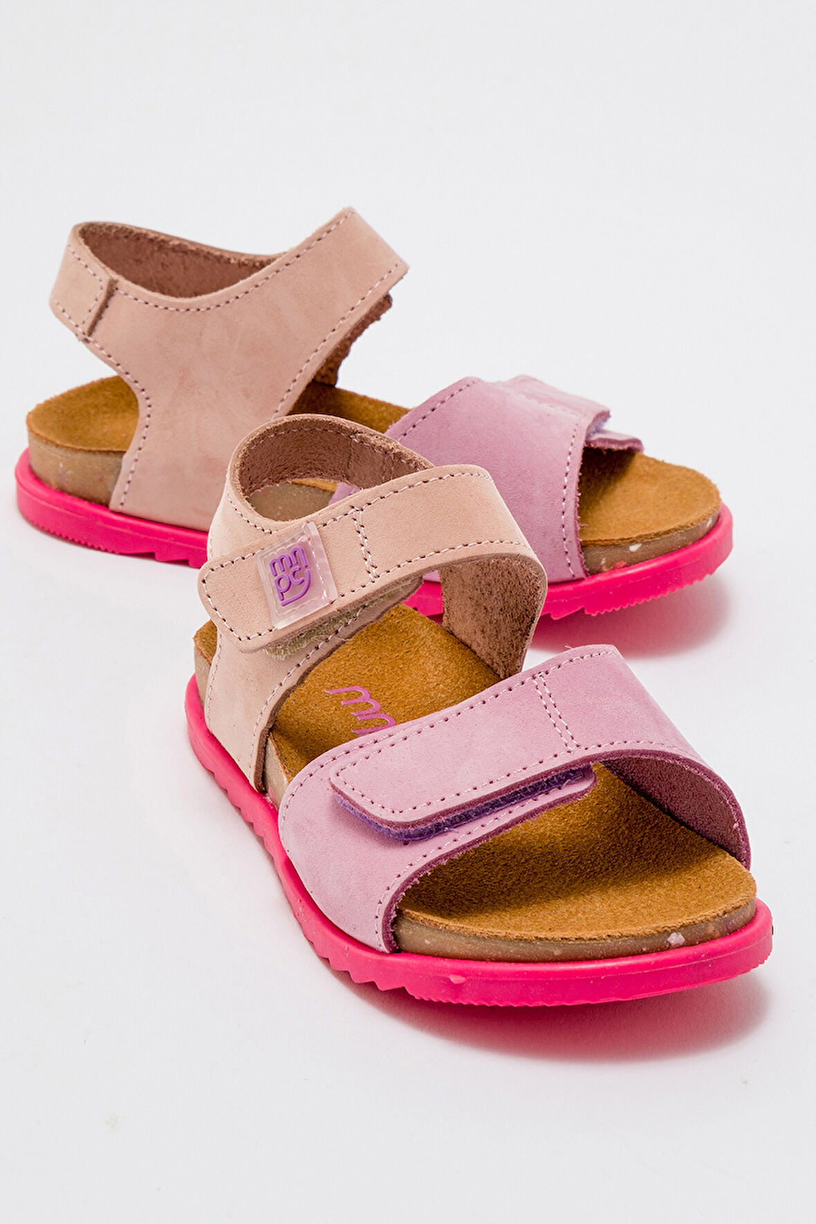 mnpc Unisex Çocuk Lila-Pembe Hakiki Deri Mantar Tabanlı Günlük Çocuk Sandalet