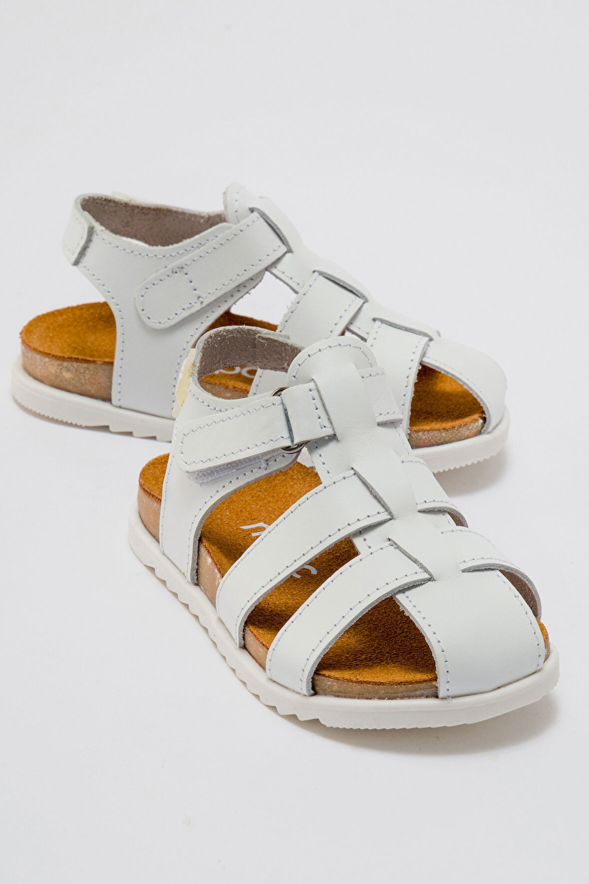 mnpc Unisex Çocuk Beyaz Hakiki Deri Mantar Tabanlı Günlük Çocuk Sandalet