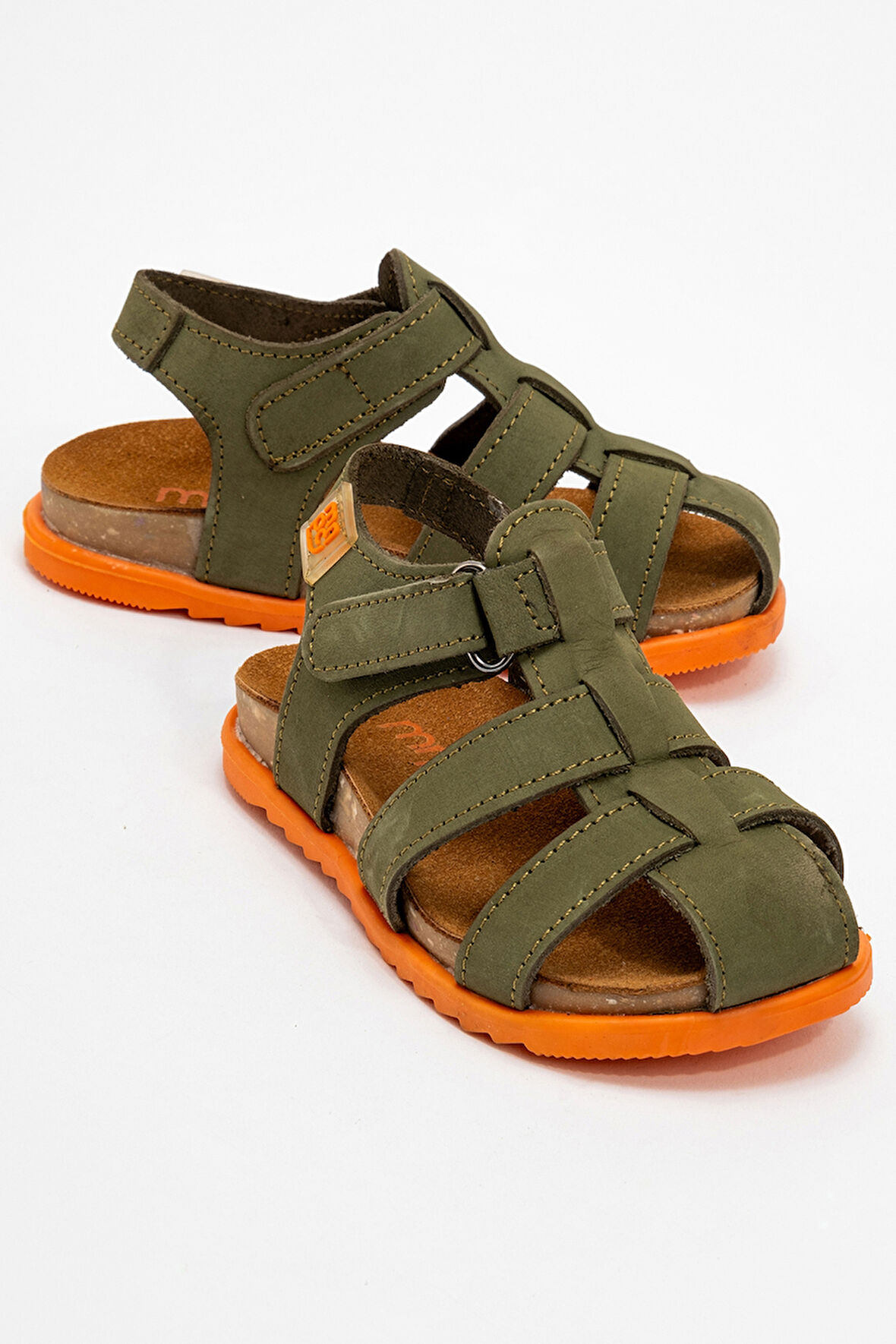 mnpc Unisex Çocuk Haki Hakiki Deri Mantar Tabanlı Günlük Çocuk Sandalet