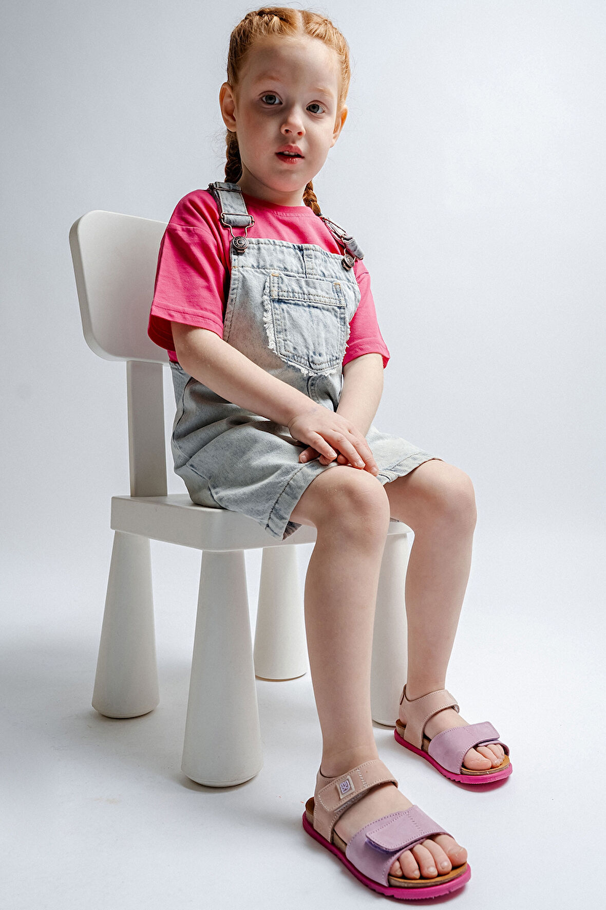 mnpc Unisex Çocuk Lila-Pembe Hakiki Deri Mantar Tabanlı Günlük Çocuk Sandalet