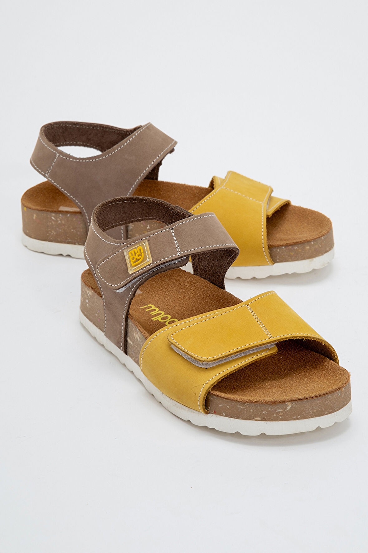 mnpc Unisex Çocuk Gri-Sarı Hakiki Deri Mantar Tabanlı Günlük  Çocuk Sandalet