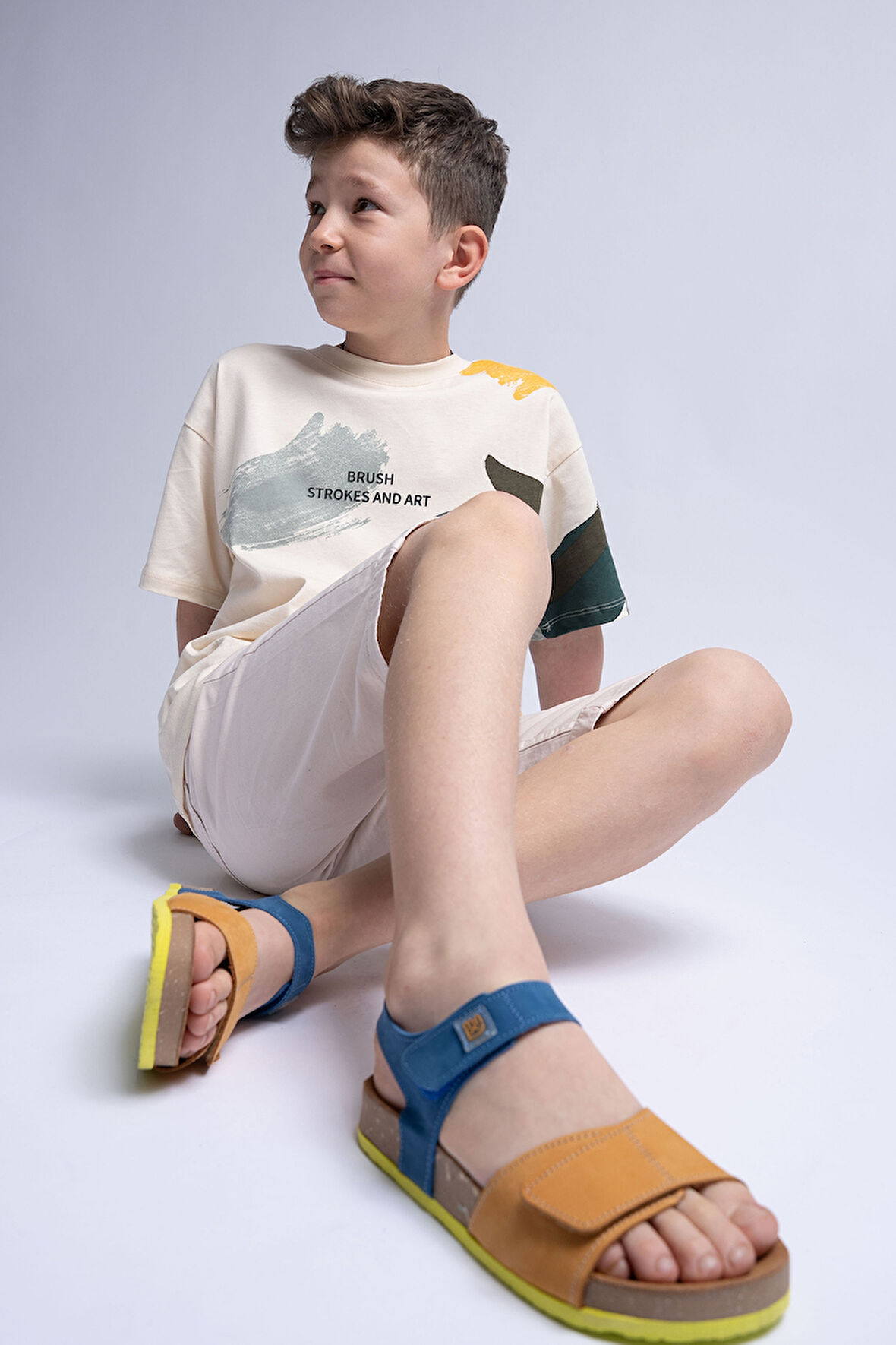 mnpc Unisex Çocuk Sarı-Saks Hakiki Deri Mantar Tabanlı Günlük  Çocuk Sandalet