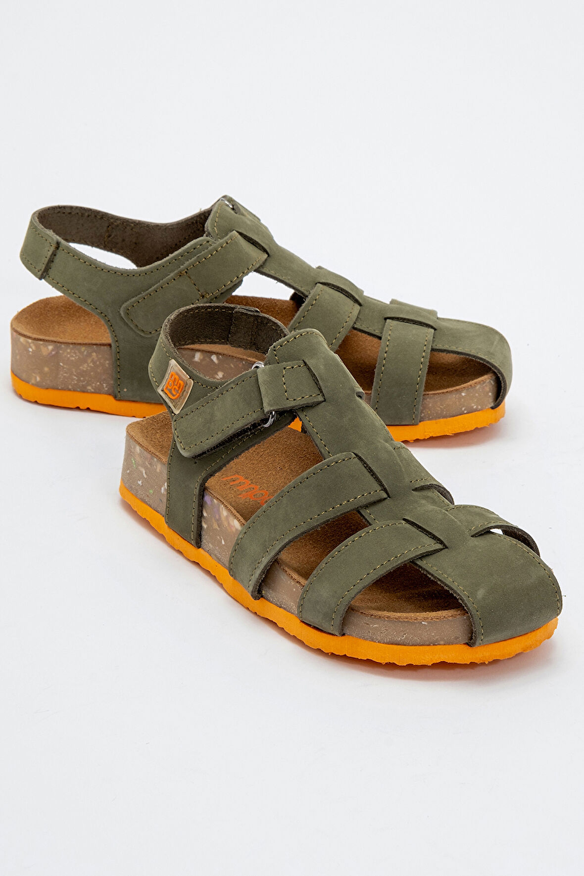 mnpc Unisex Çocuk Haki Hakiki Deri Mantar Tabanlı Günlük Çocuk Sandalet