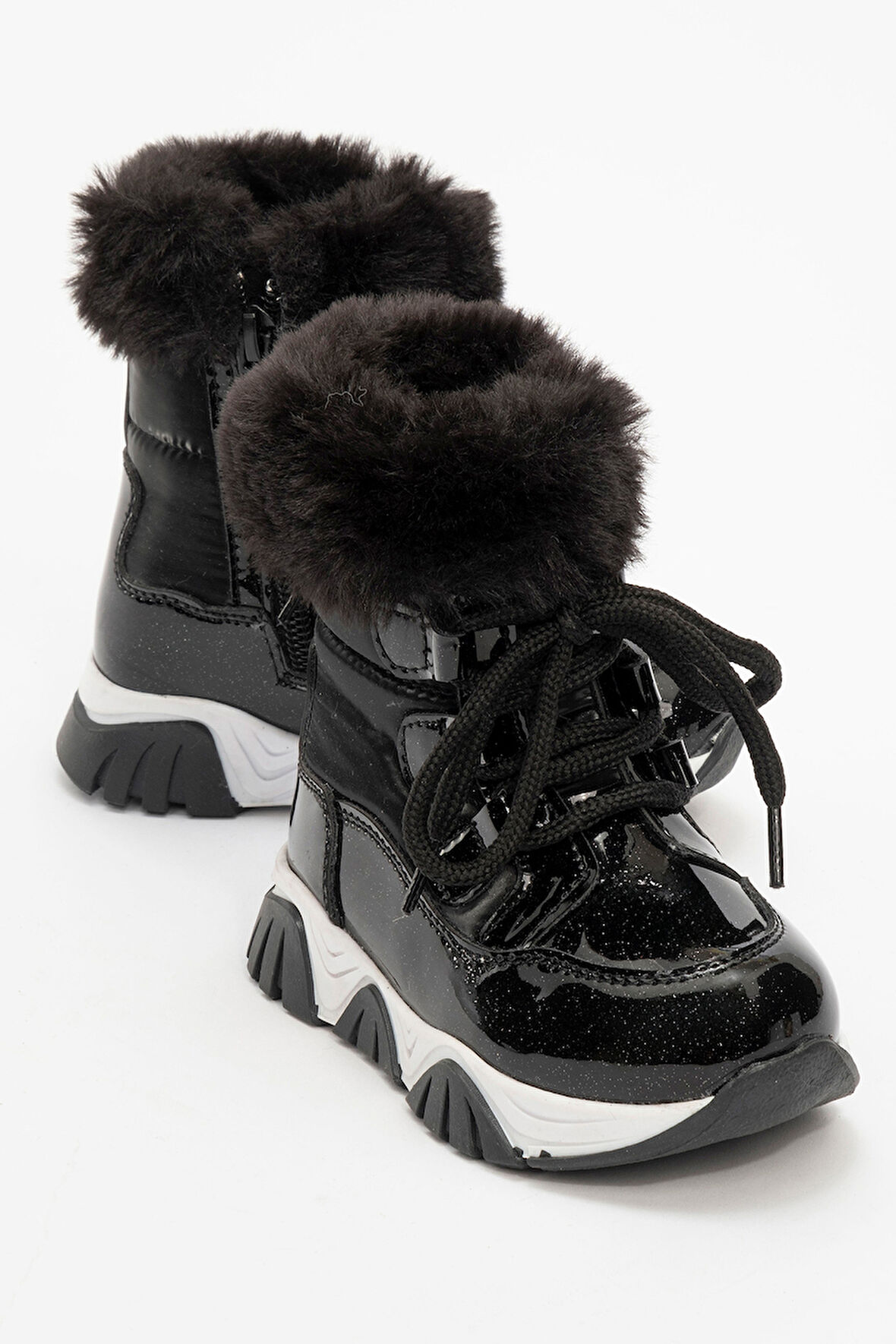 mnpc Kız Çocuk Siyah Simli Rugan Deri Suya Dayanıklı Kürklü Günlük Bot