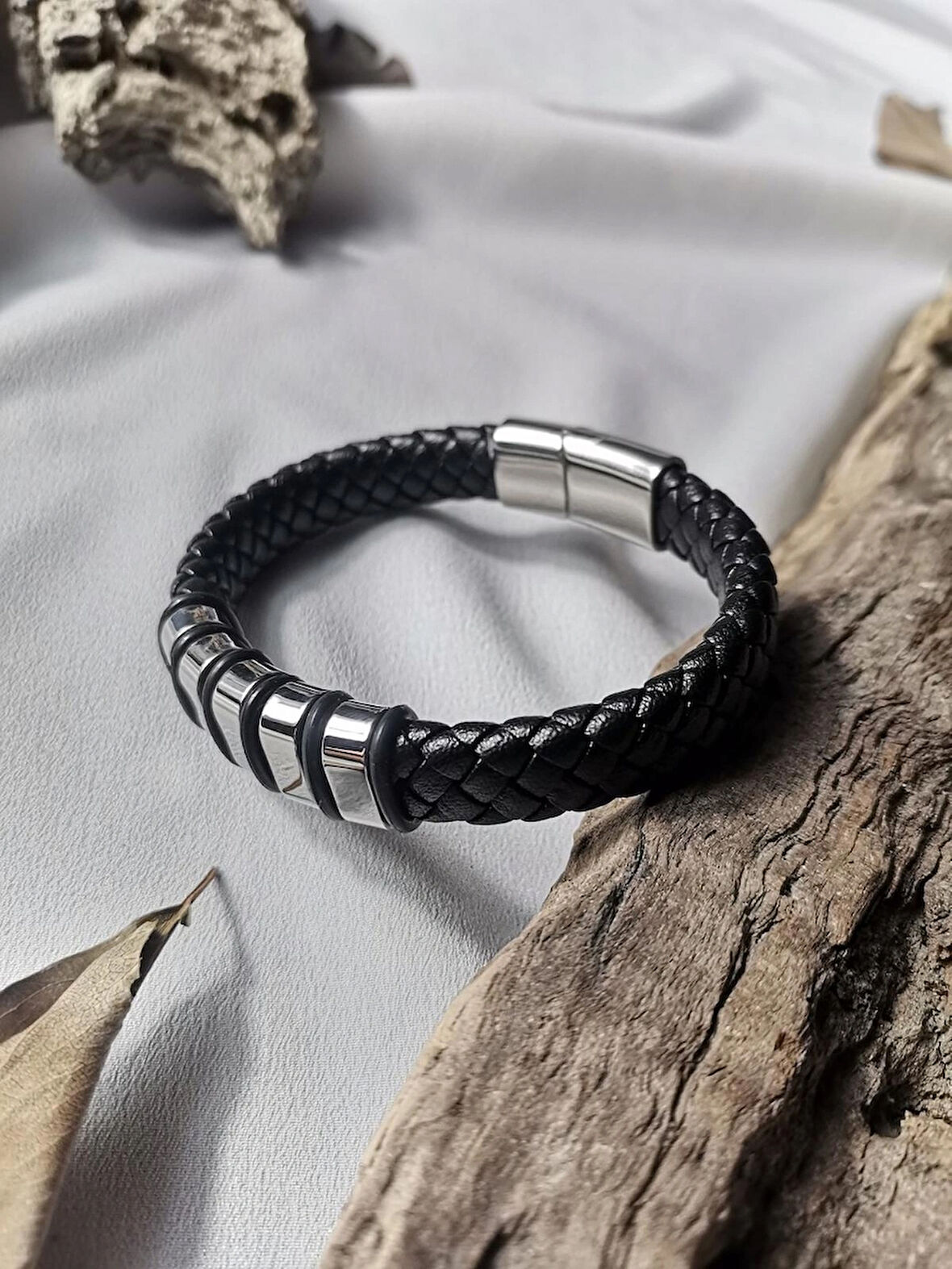 Luna Jewelry Erkek Siyah  Titan Weave 316 L Çelik ve Deri Bileklik