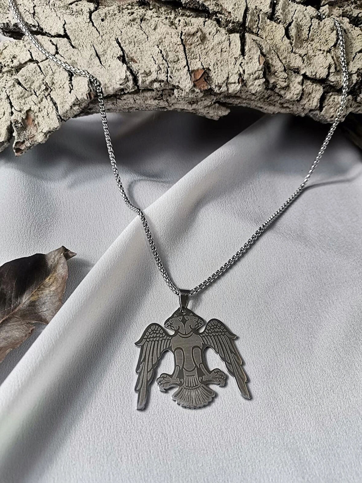 Luna Jewelry Erkek Gümüş Renk Çift Başlı Kartal 316L Çelik Kolye