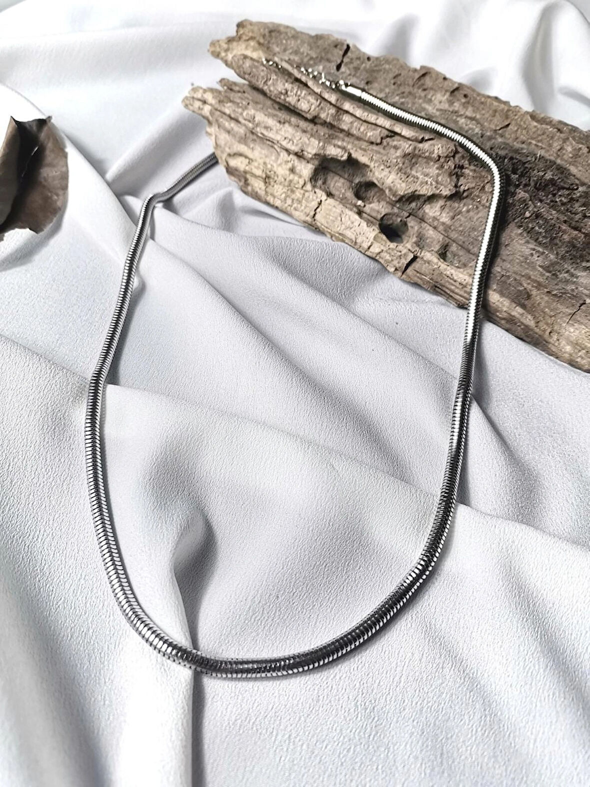 Luna Jewelry Erkek Gümüş Renk 316L Çelik Yılan Zincir Kolye