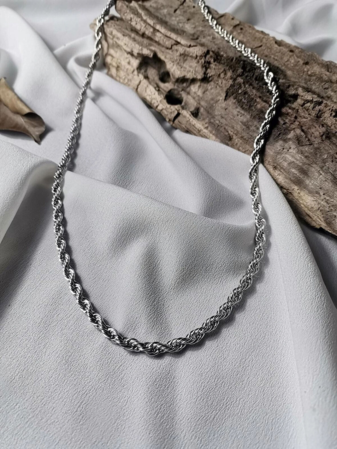 Luna Jewelry Erkek Gümüş Renk Rope  316L Çelik Burgu Zincir Kolye
